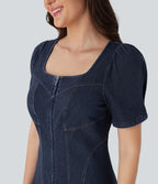 FlexTM Square Neck Short Sleeve Zipper Denim Mini Casual Dress
