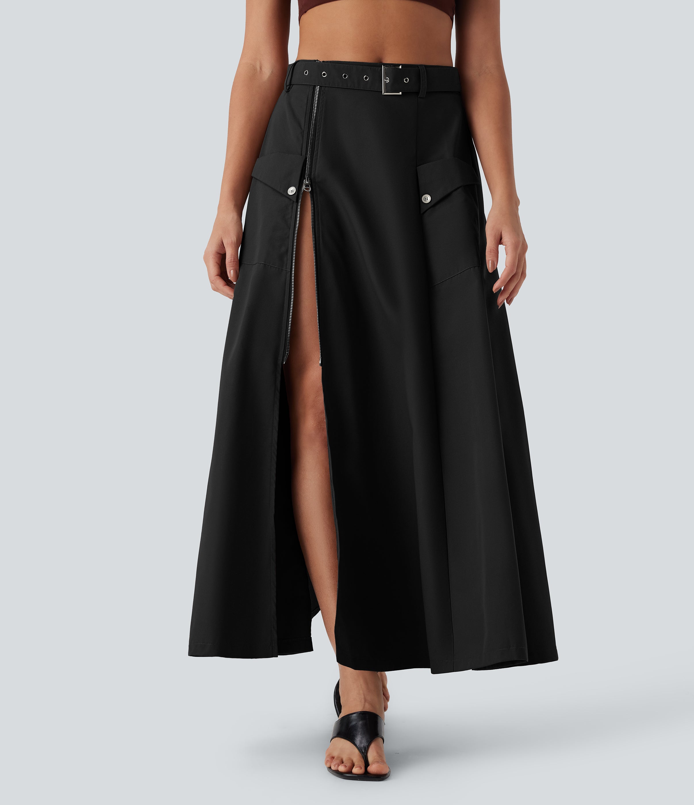 Mid Rise Belted Zipper Maxi Casual Skirt with Pockets