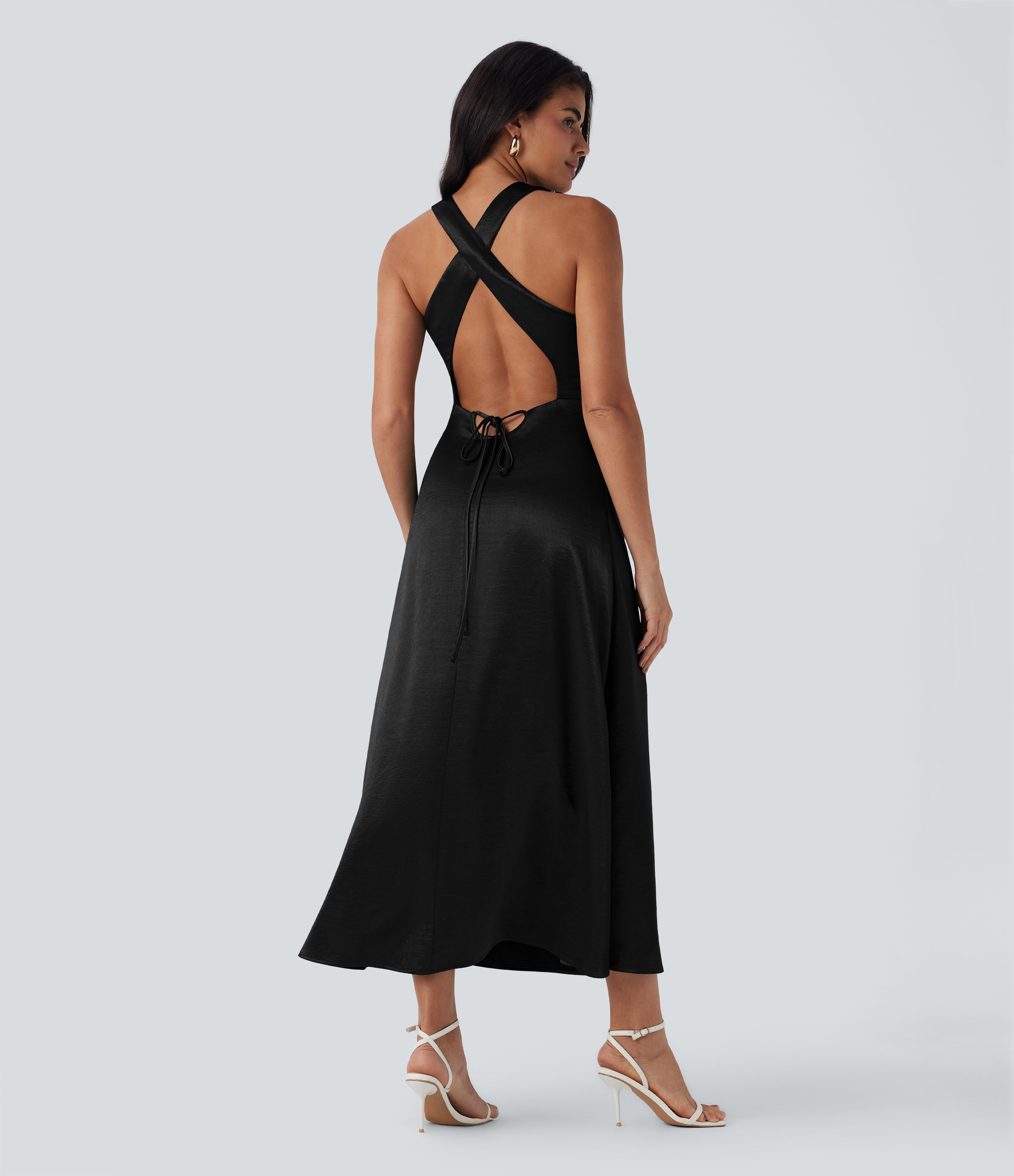 Tie Back Ruched Maxi Satin Dress
