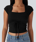 Square Neck Drawstring Eyelet Embroidery Skinny Cropped Casual Top