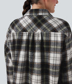 Plaid Curved Hem Casual Shirt Jacket with Flap Pockets