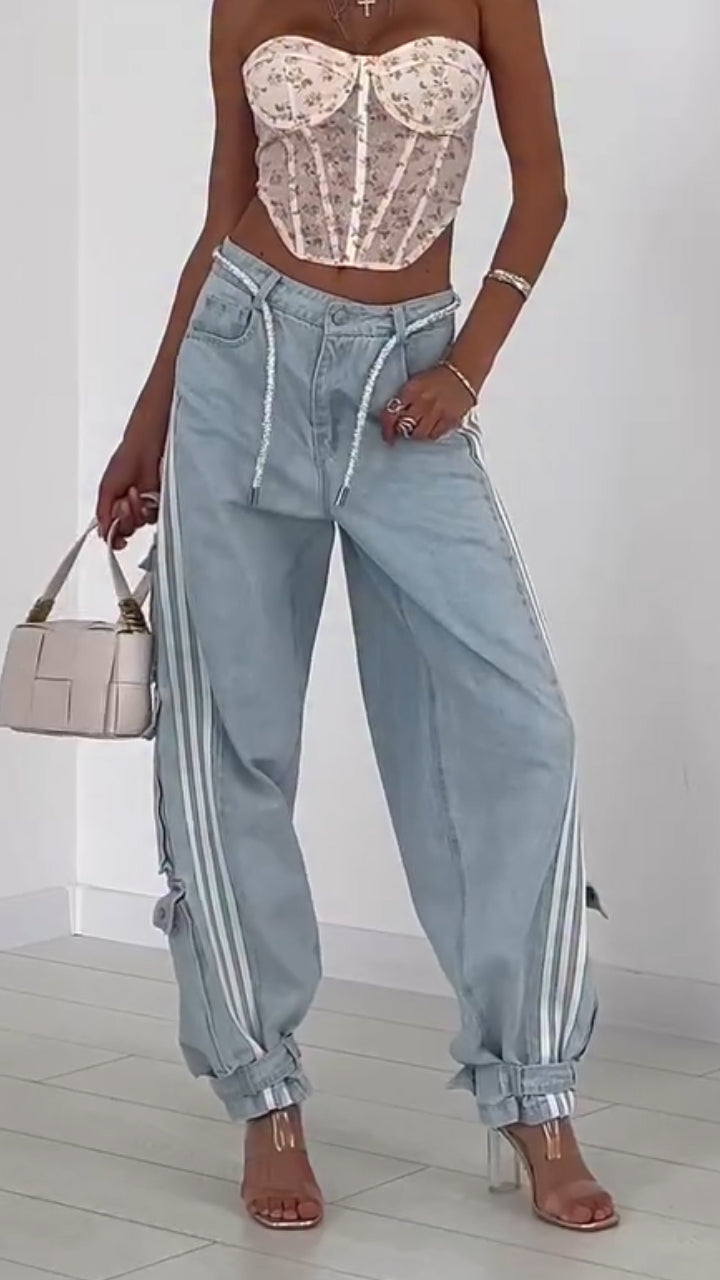 Ladies Vertical Pattern Splicing Multi Pocket Casual Pants