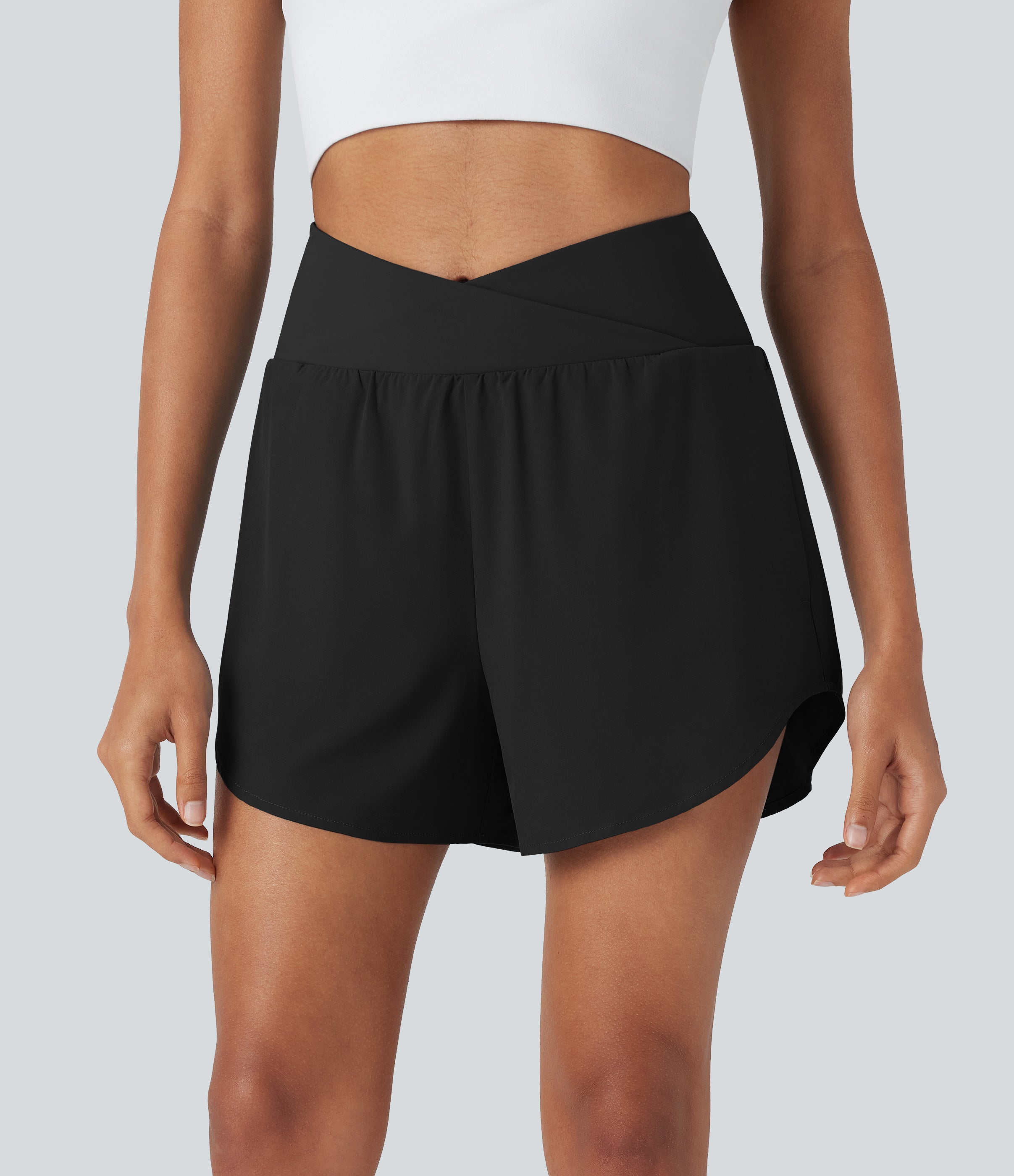 BreezefulTM High Waisted Crossover 2-in-1 Quick Dry Yoga Shorts with Pockets