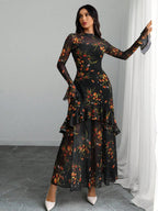 Women's Gothic Elegant Sexy Mesh Splicing Colorful Print Retro Petal Sleeves Ruffle Mermaid Hem Double Layer Dress