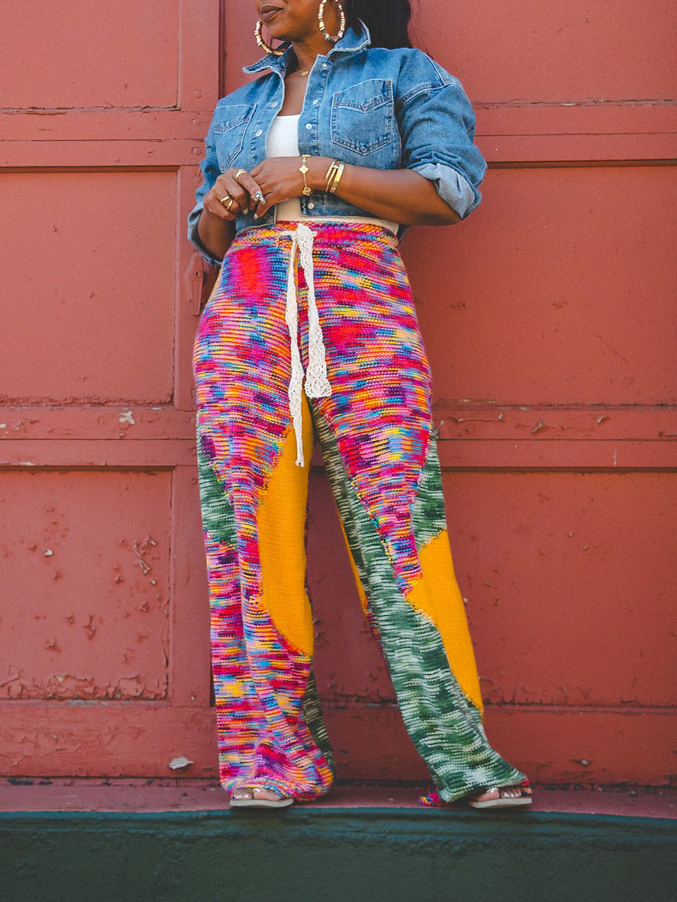 Casual Colorful Knit Paneled Pants
