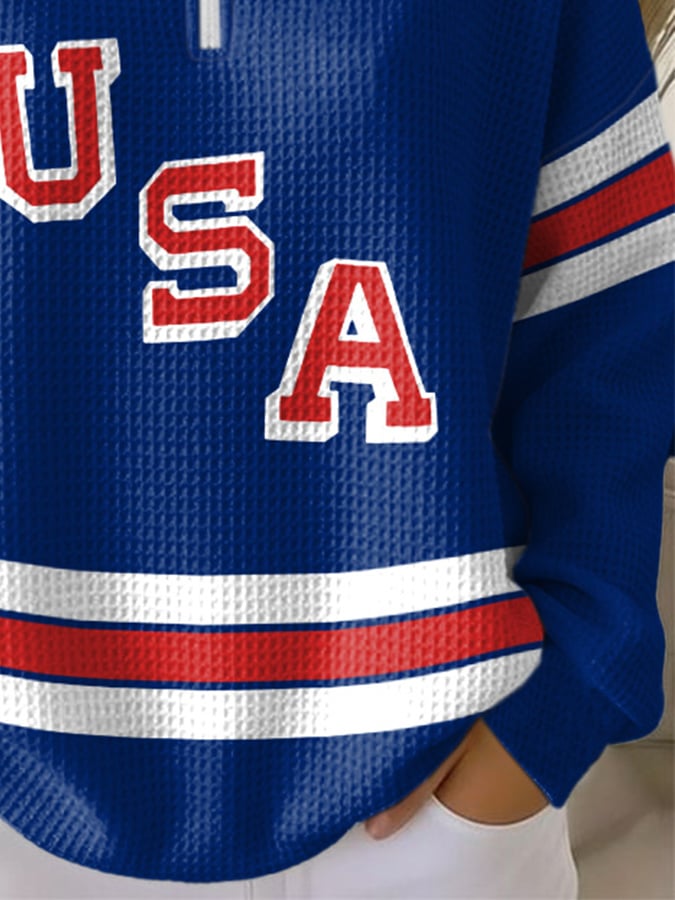 Retro USA Ice Hockey Zipper Print Sweatshirt