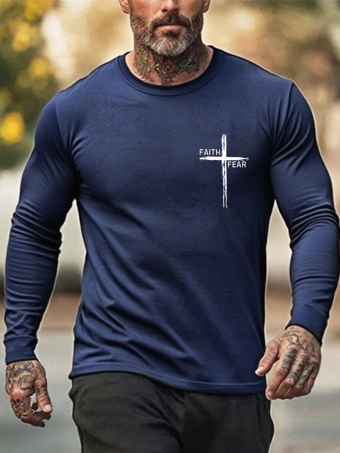 Men's Retro Faith Cross "Faith Over Fear" Print Crew Neck T-Shirt
