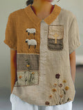 Women's Cute Lamb Floral Cross Faux Embroidery Print Shirt Top