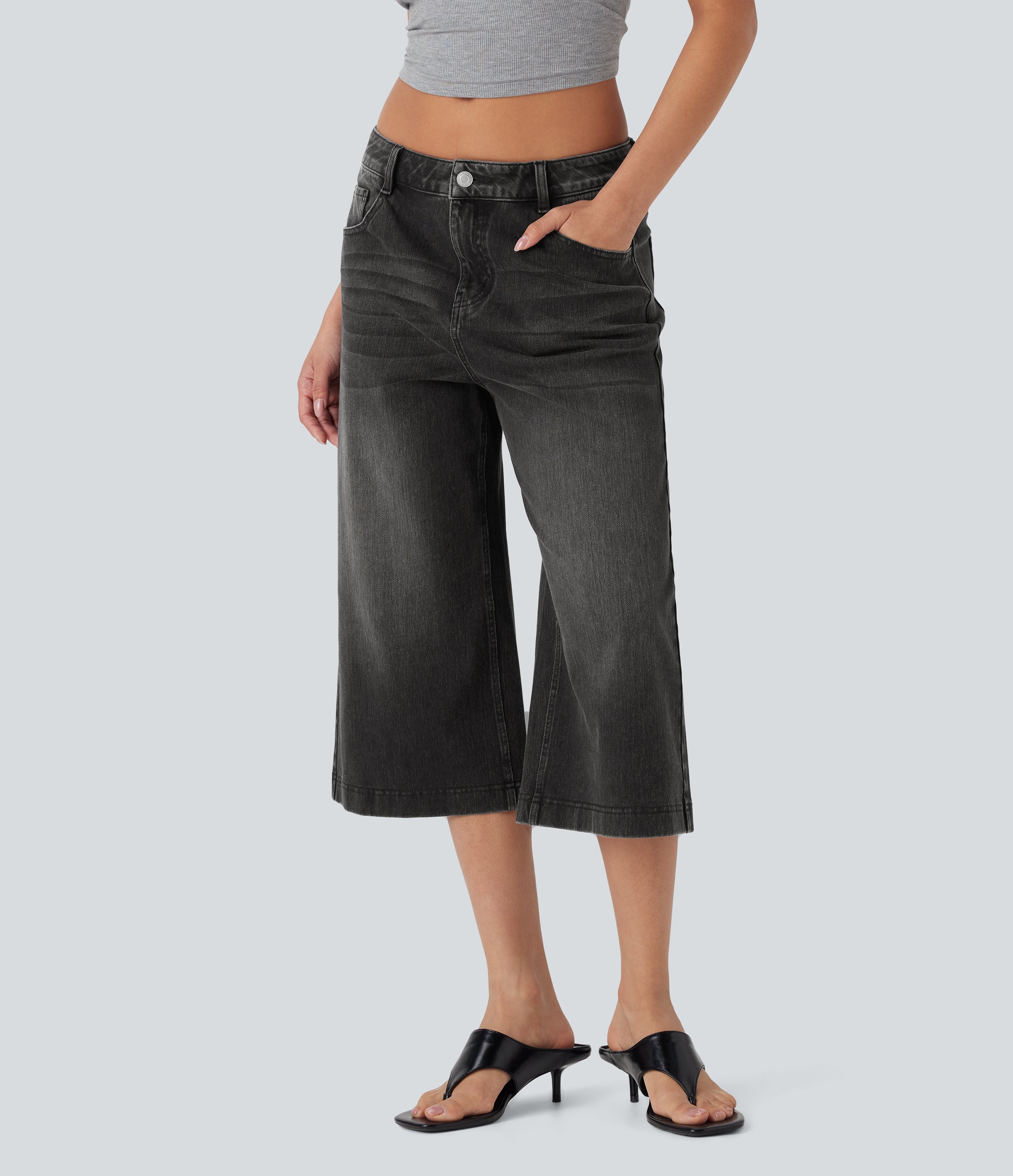 FlexTM Low Rise Washed Casual Capri Baggy Jeans with Pockets
