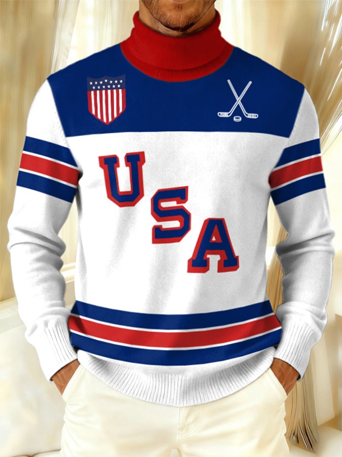 Retro Men's Usa Ice Hockey Print Turtleneck Sweater