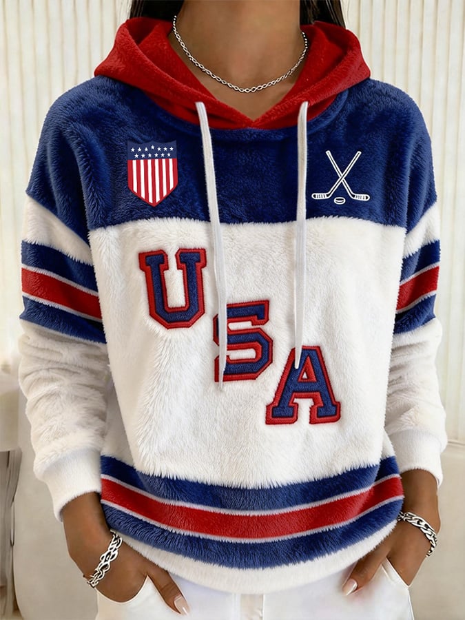 Retro USA Ice Hockey Print Hoodie