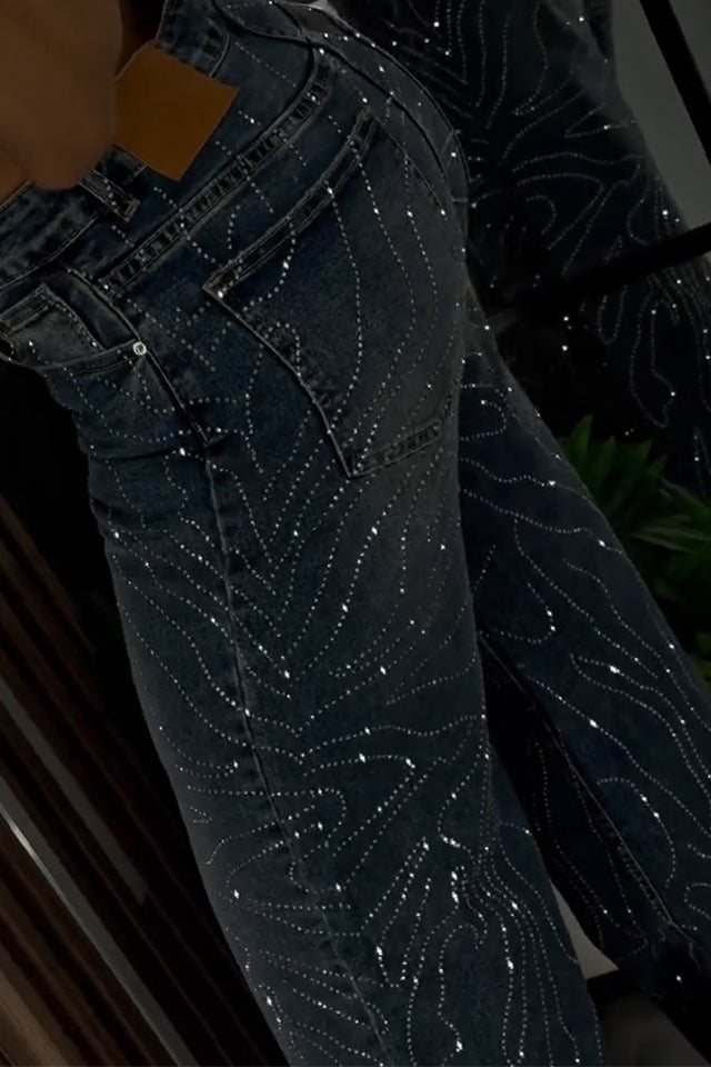 Women Rhinestone Washed Casual Jeans