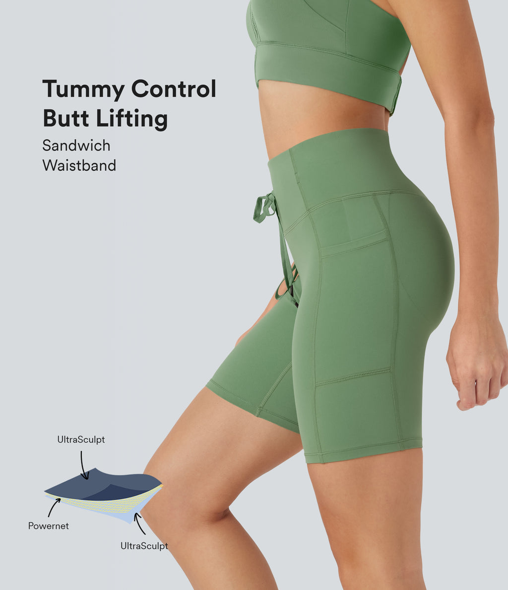 UltraSculptTM SoCinched High Waisted Butt Lifting Tummy Control Loop Running Biker Shorts 7'' with Pockets