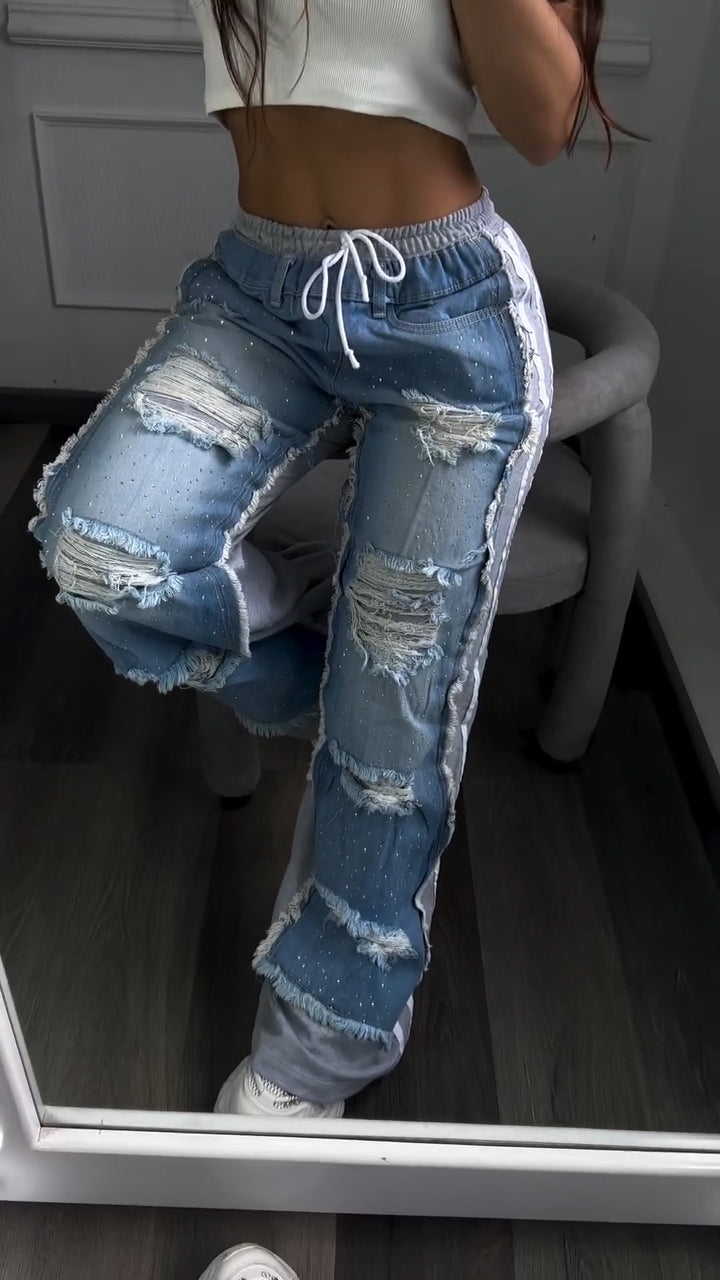 Womens Spliced Scratches and Diamond Casual Jeans