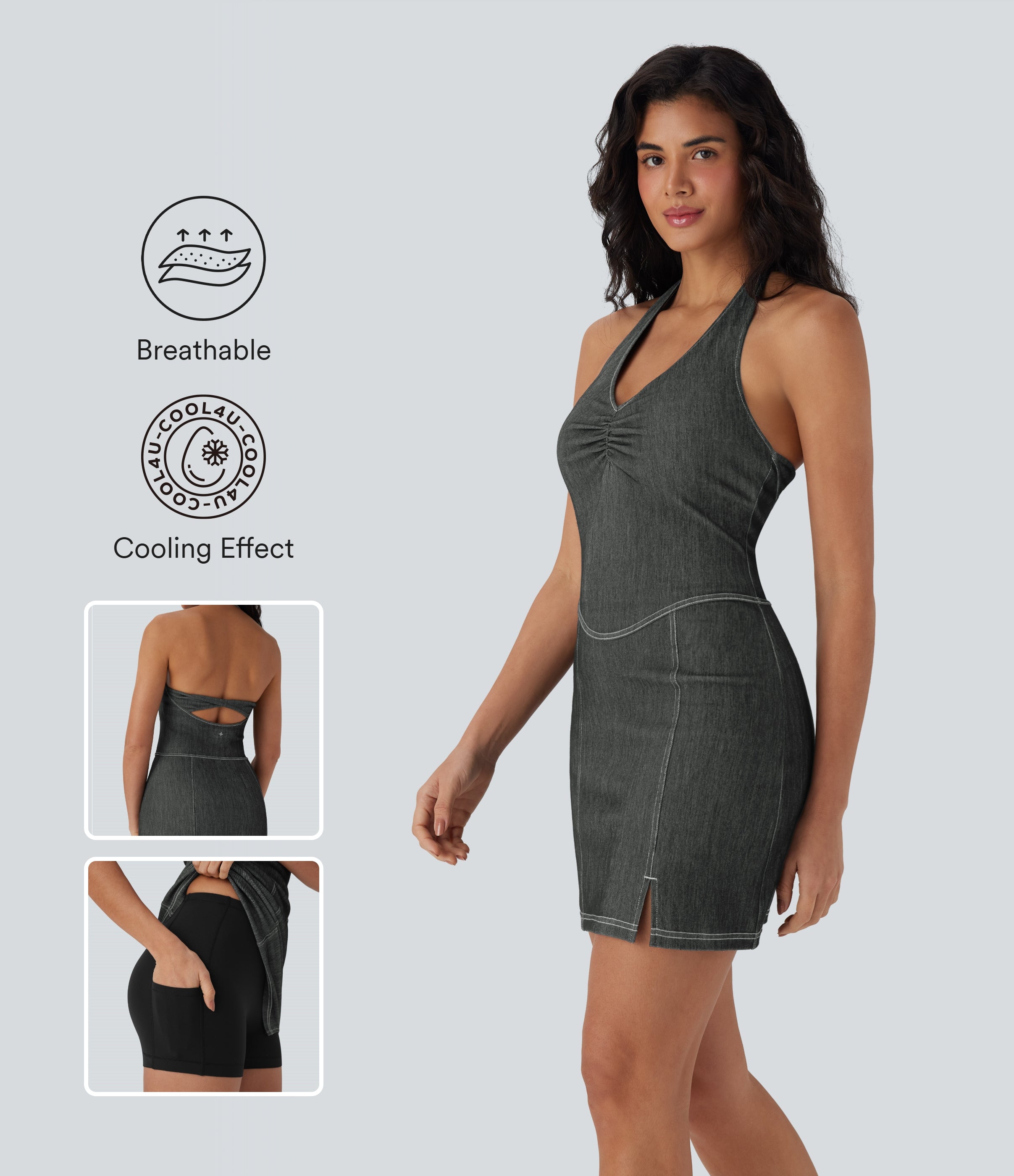 FlexTM Halter Bodycon 2-Piece Cool Touch Washed Denim Mini Tennis Active Dress with Pockets