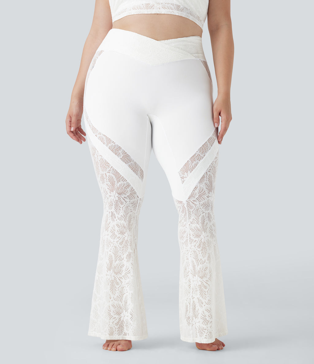 SoftlyZeroTM Crossover High Waisted Contrast Lace Yoga Plus Size Flare Leggings with Pocket