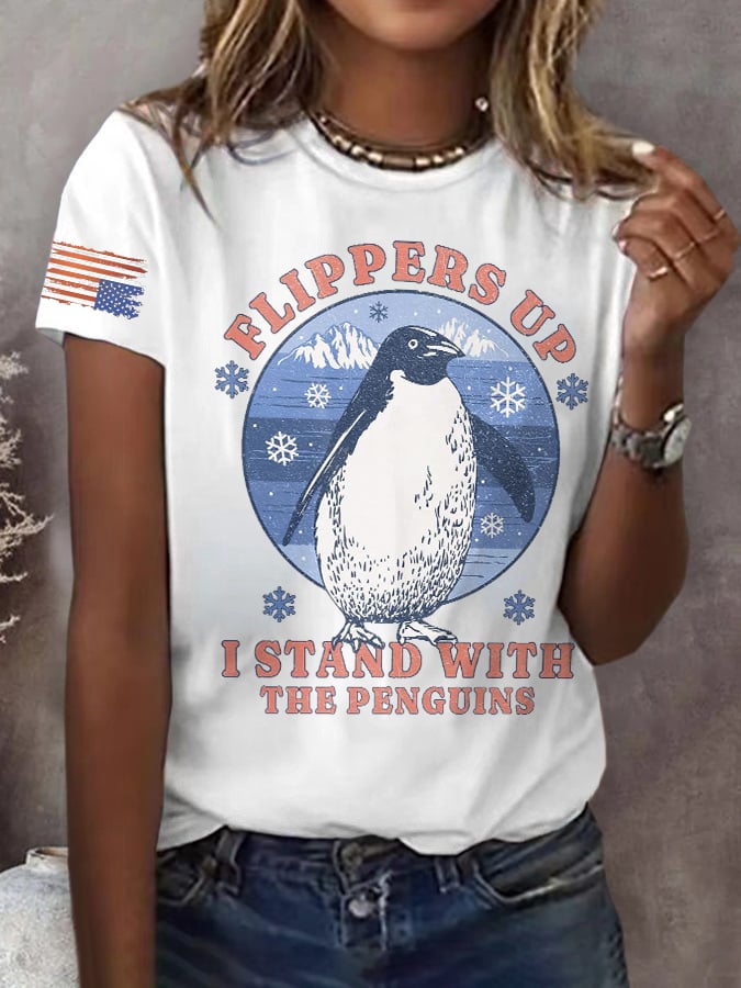 🔥Buy 3 Get 15% Off🔥Retro Flippers Up I Stand With The Penguins Resist Tariffs Print T-Shirt
