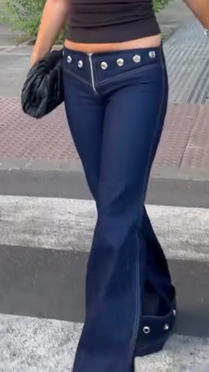 Women Rivet Decorative Spliced Casual Jeans