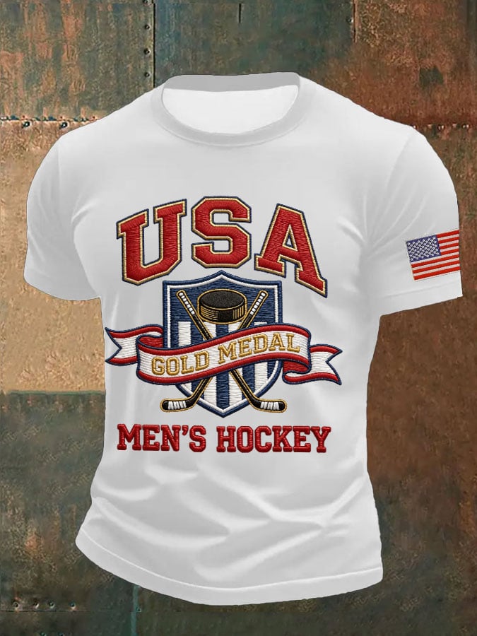 Men's Retro USA Mens Hockey Gold Medal Print Casual T-Shirt