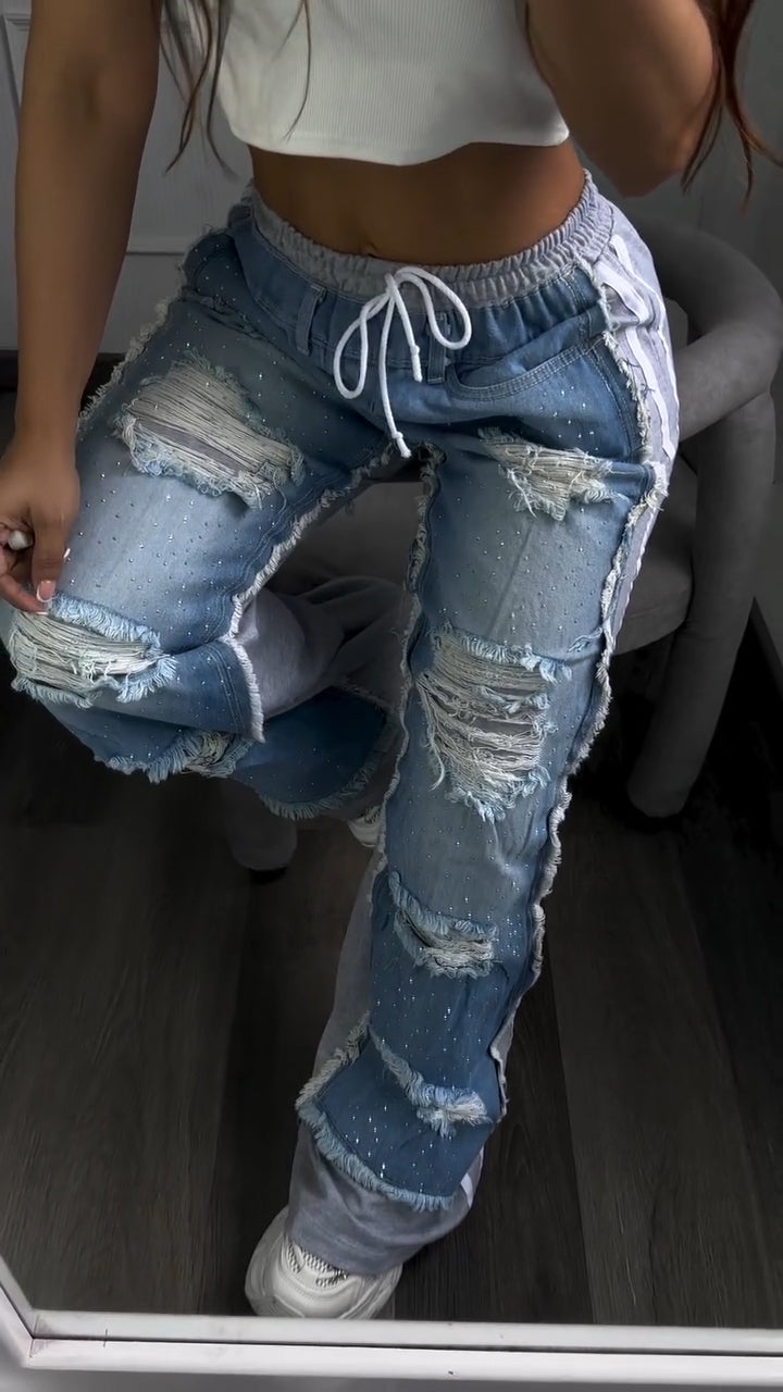 Womens Spliced Scratches and Diamond Casual Jeans