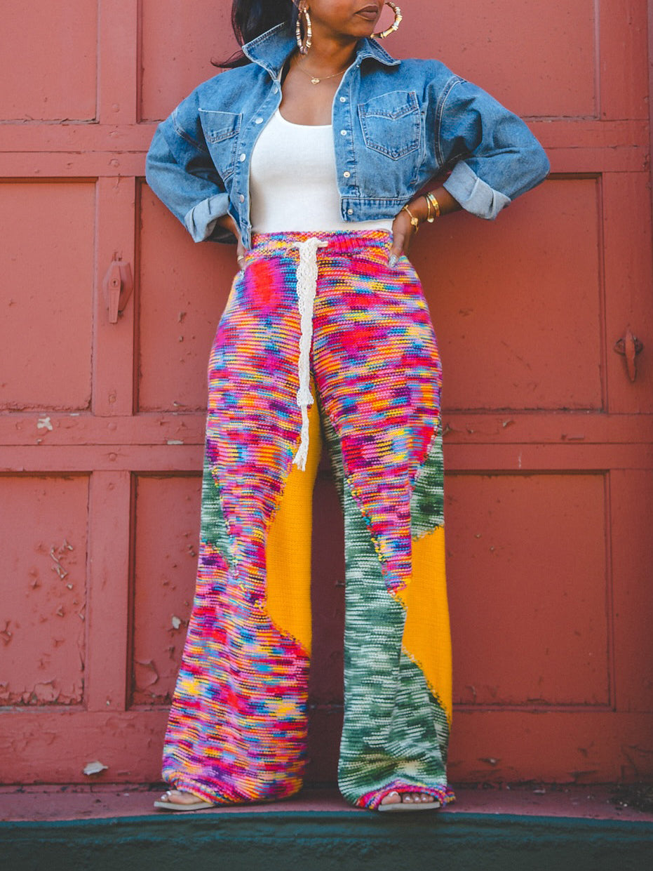 Casual Colorful Knit Paneled Pants