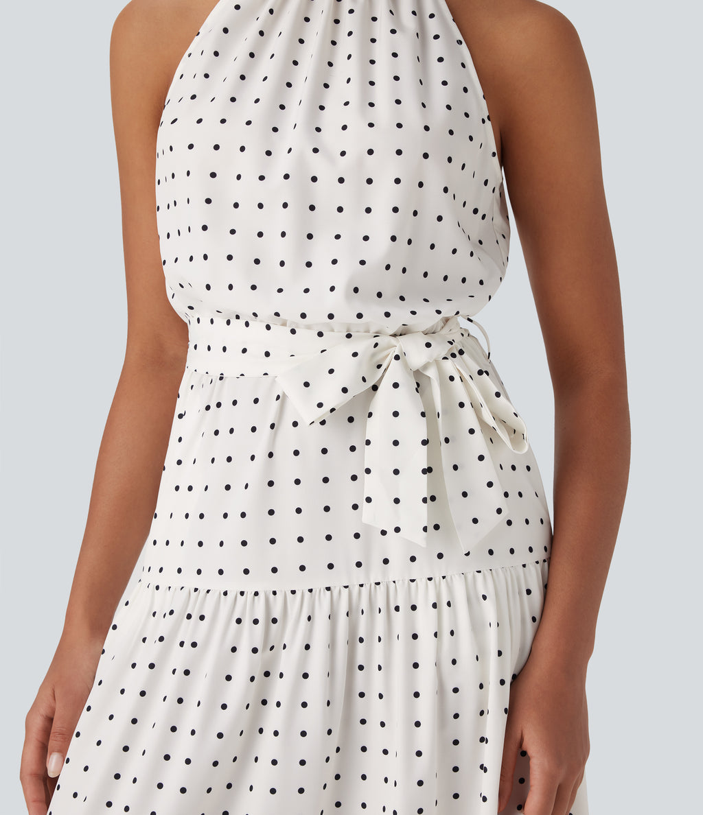 Halter Keyhole Back Belted Polka Dot Flowy Midi Dress with Pockets