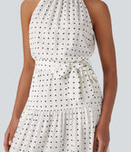 Halter Keyhole Back Belted Polka Dot Flowy Midi Dress with Pockets