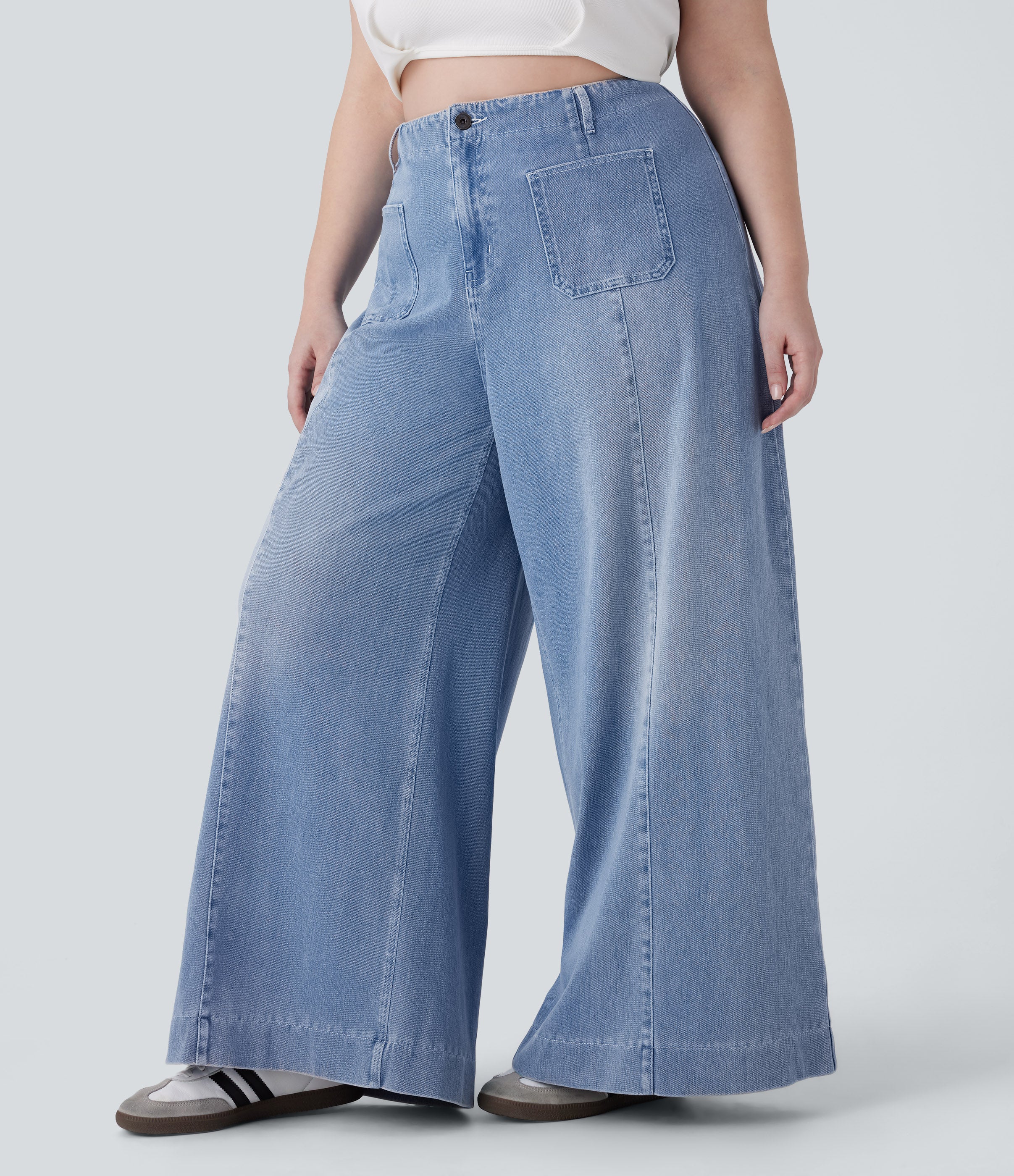FlexTM High Waisted Pockets Washed Casual Wide Leg Plus Size Jeans