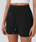 Mid Rise Drawstring Linen-Feel  Work Shorts with Side Zip Pockets