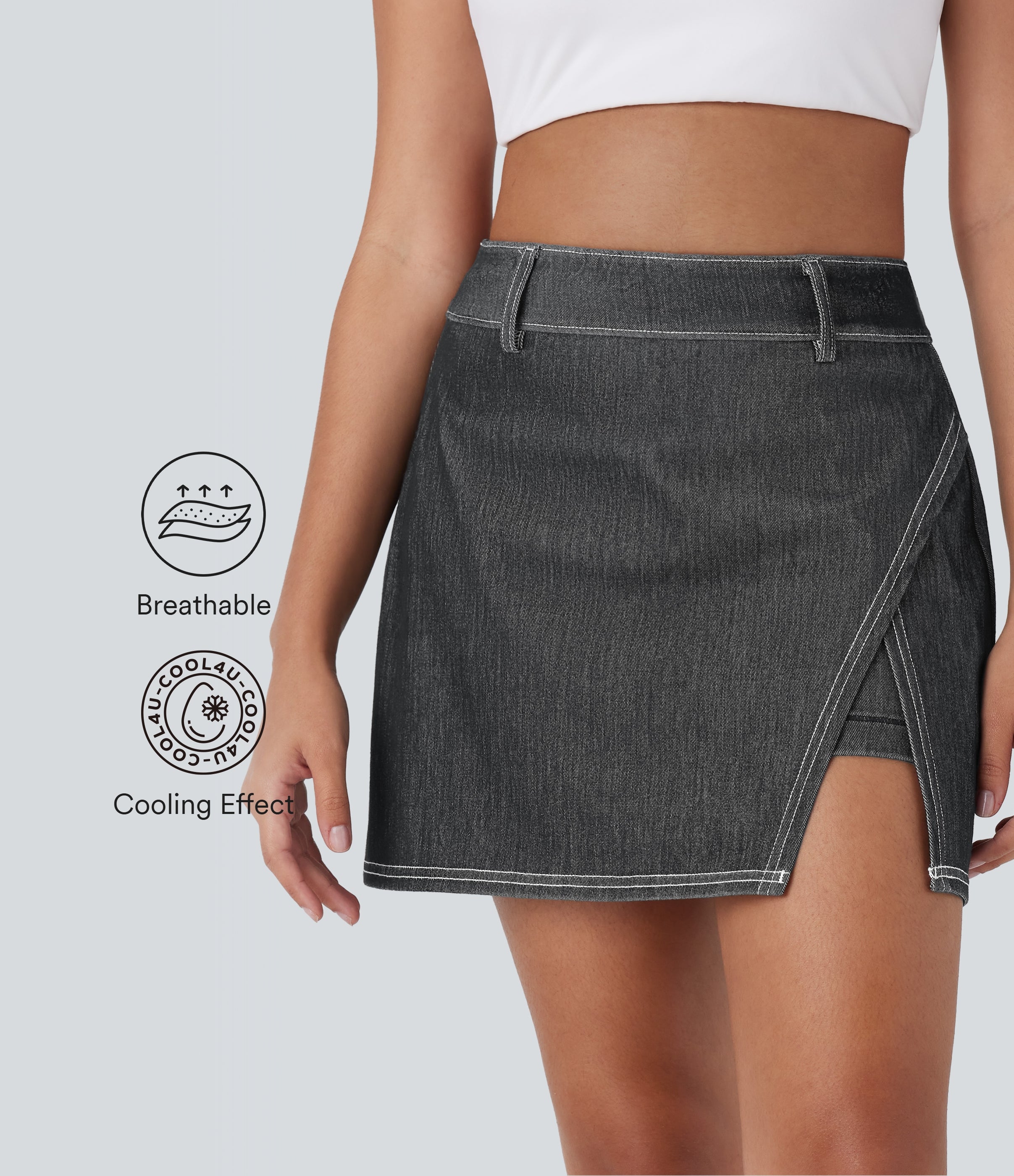 FlexTM High Waisted 2-in-1 Cool Touch Washed Denim Mini Tennis Skirt with Pocket