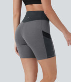 High Waisted Color Block Contrast Mesh Quick Dry Yoga Biker Shorts 7'' with Pockets