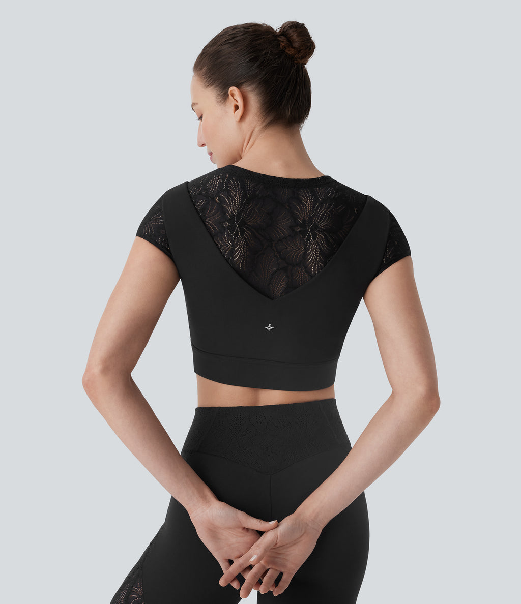 SoftlyZeroTM Contrast Lace Short Sleeve Cropped Yoga Sports Top-UPF50+