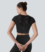 SoftlyZeroTM Contrast Lace Short Sleeve Cropped Yoga Sports Top-UPF50+