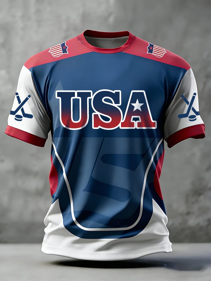 Men's USA Hockey Pattern Printed Short-Sleeved Shirt