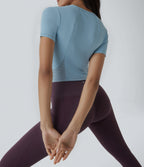 Round Neck Short Sleeve Contrast Mesh Cropped Yoga Sports Top