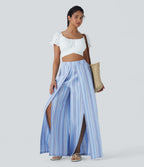 High Waisted Stripe Wide Leg Linen-Feel Pants with Pockets