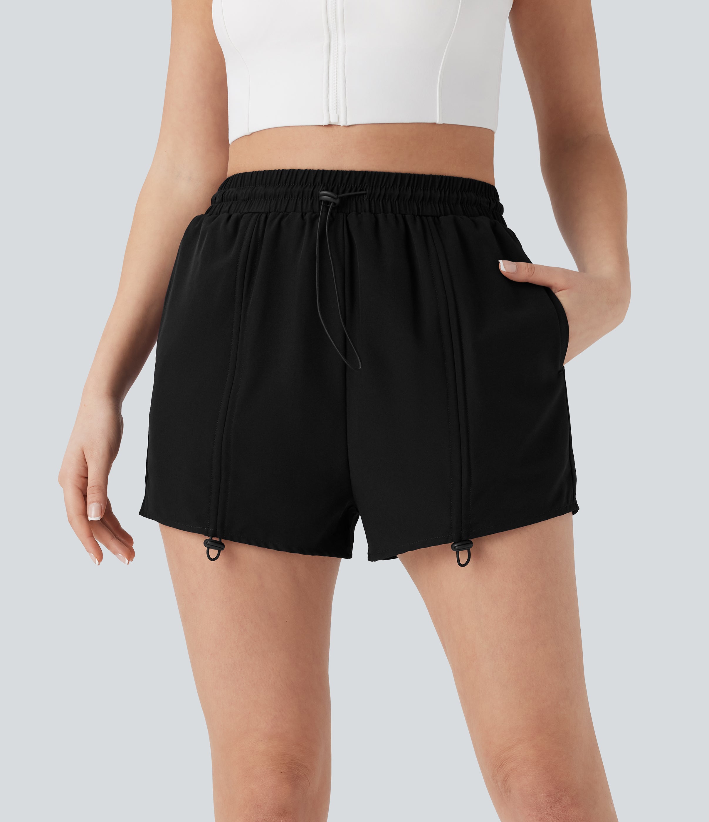 High Waisted Drawstring 2-in-1 Yoga Shorts with Pockets