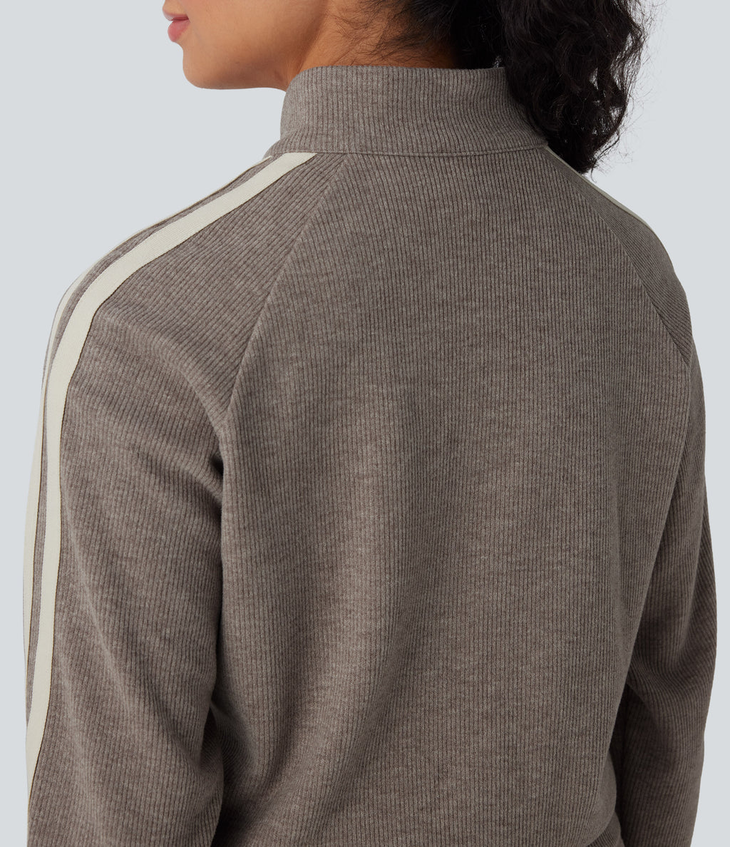 Ribbed Stand Collar Long Sleeve Zipper Color Block Casual Jacket with Pockets