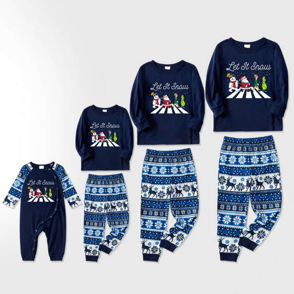 Joyful Blue Christmas Pajamas Set With Santa Claus and Cartoon Pattern Print