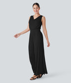 Ribbed Cowl Neck Sleeveless Wide Leg Casual Jumpsuit with Pockets