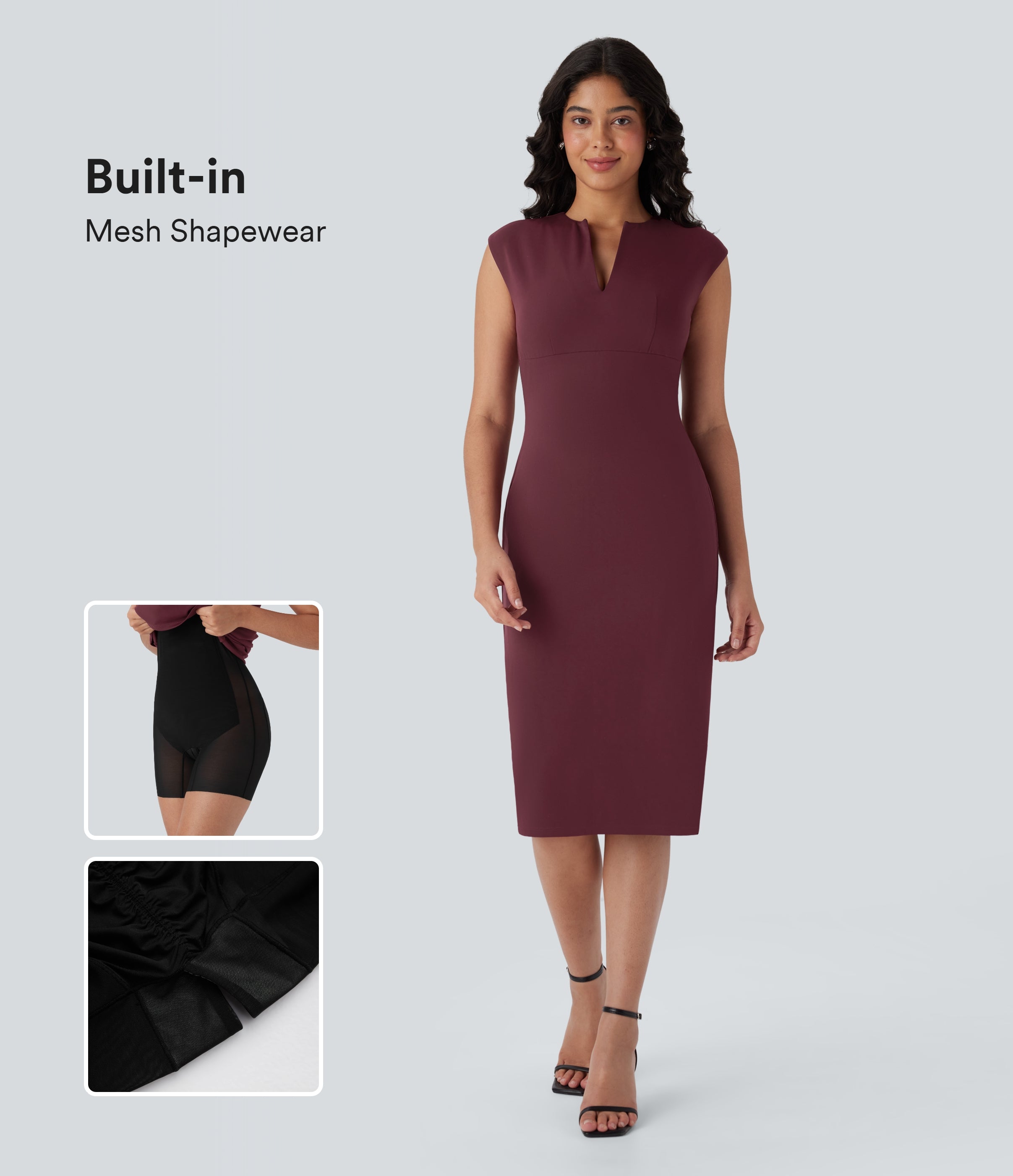 V-neck Zipper Bodycon Midi Work Built-in Mesh Shapewear Dress
