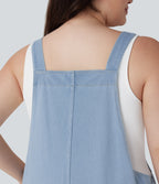 FlexTM V Neck Washed Denim Casual Plus Size Overalls with Pockets
