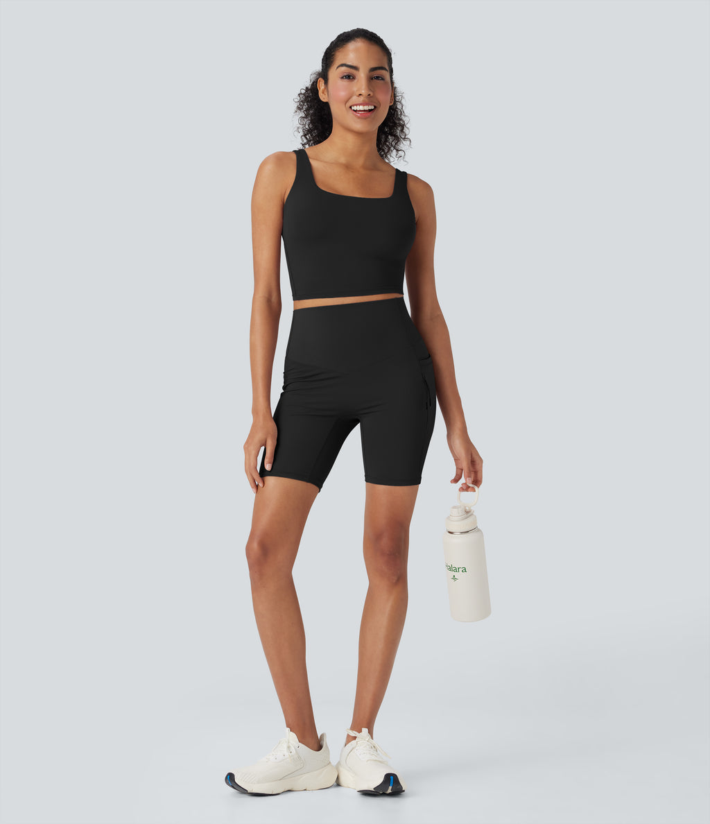 UltraSculptTM Cool Quick Dry SoCinched High Waisted Tummy Control Hiking Biker Shorts 7'' with Pockets-UPF 50+