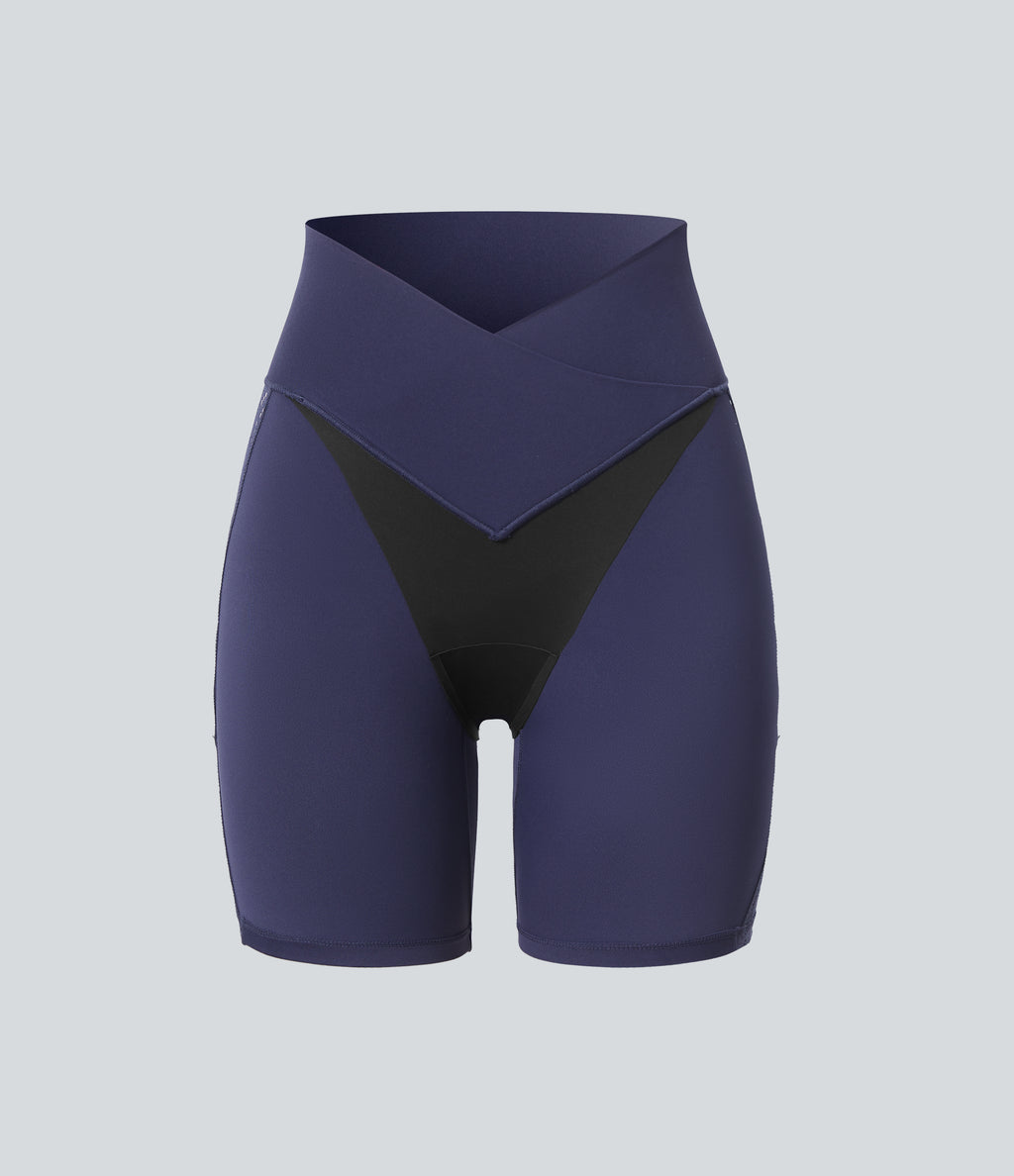 SoftlyZeroTM High Waisted Crossover Contrast Lace Built-in Underwear Yoga Biker Shorts 5'' with Pocket-UPF50+