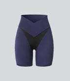 SoftlyZeroTM High Waisted Crossover Contrast Lace Built-in Underwear Yoga Biker Shorts 5'' with Pocket-UPF50+