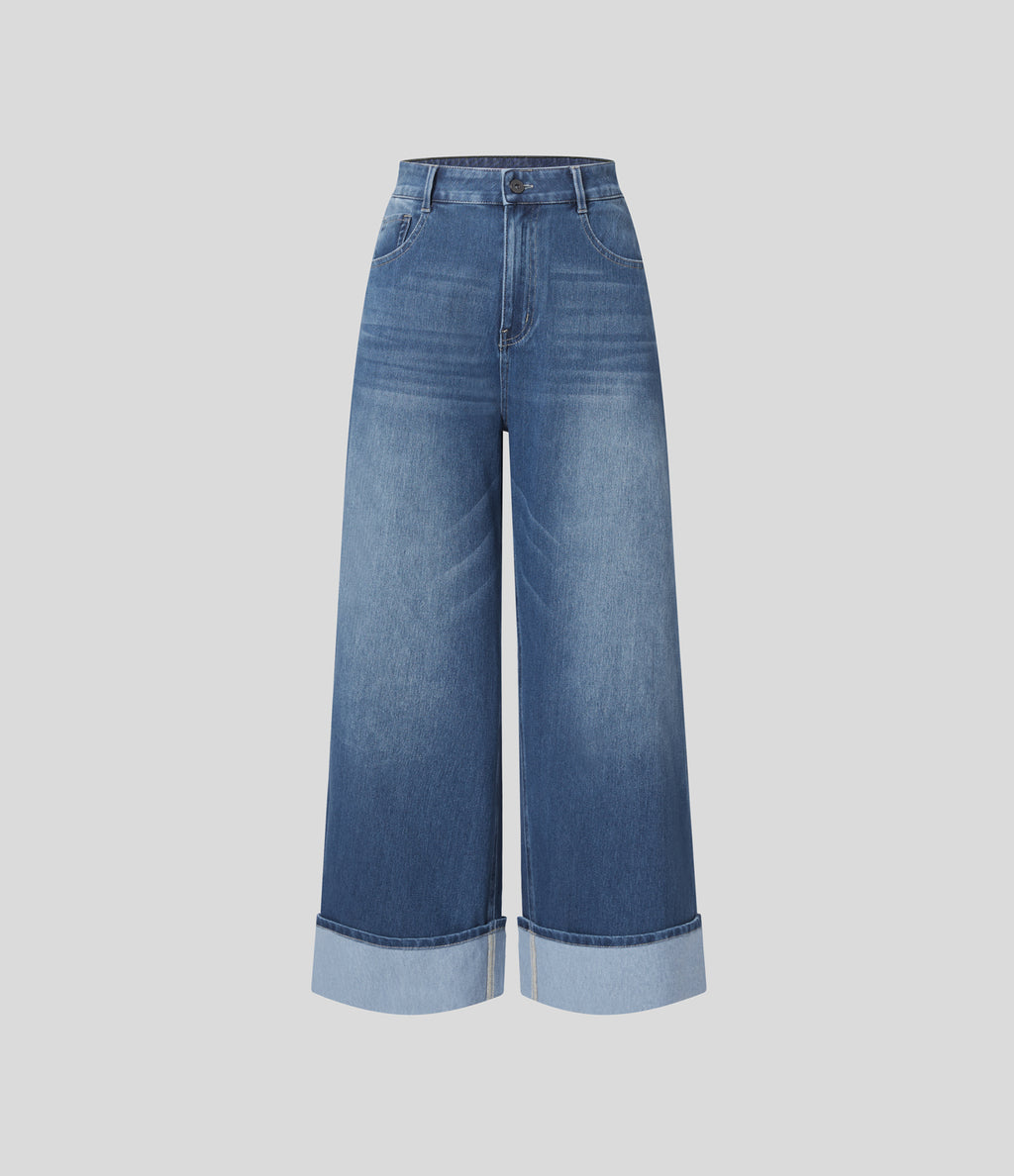 FlexTM High Waisted Multiple Pockets Rolled Hem Wide Leg Washed Stretchy Knit Casual Jeans