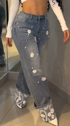Womens Printed Wash Water Spliced casual Jeans