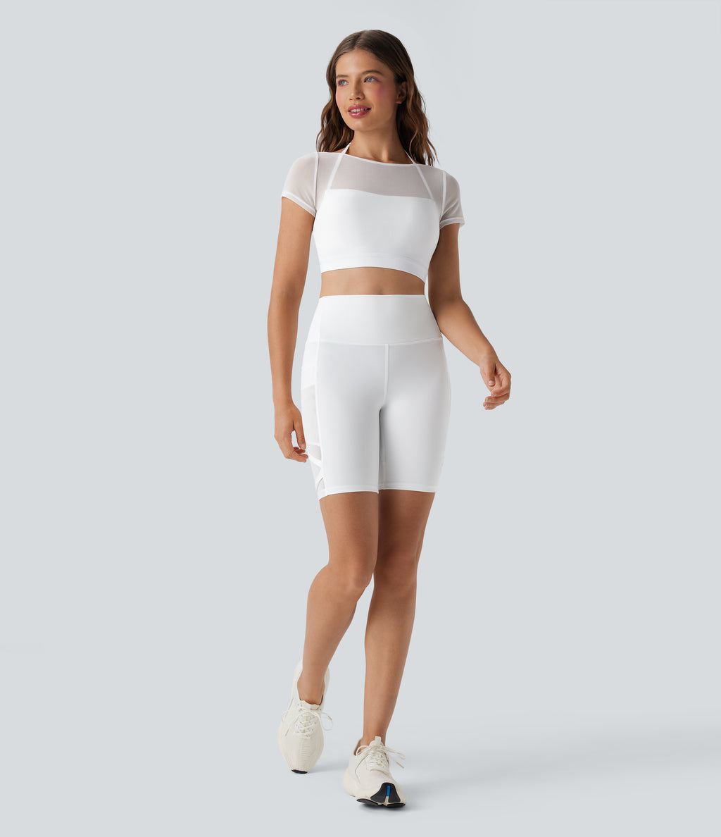 Halter Short Sleeve Contrast Mesh 2-in-1 Cropped Yoga Sports Top