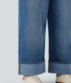 Plus Size FlexTM High Waisted Wide Leg Rolled Hem Washed Stretchy Knit Casual Jeans with Pockets