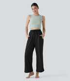 High Waisted Drawstring Curved Hem Straight Leg Yoga Pants with Pockets
